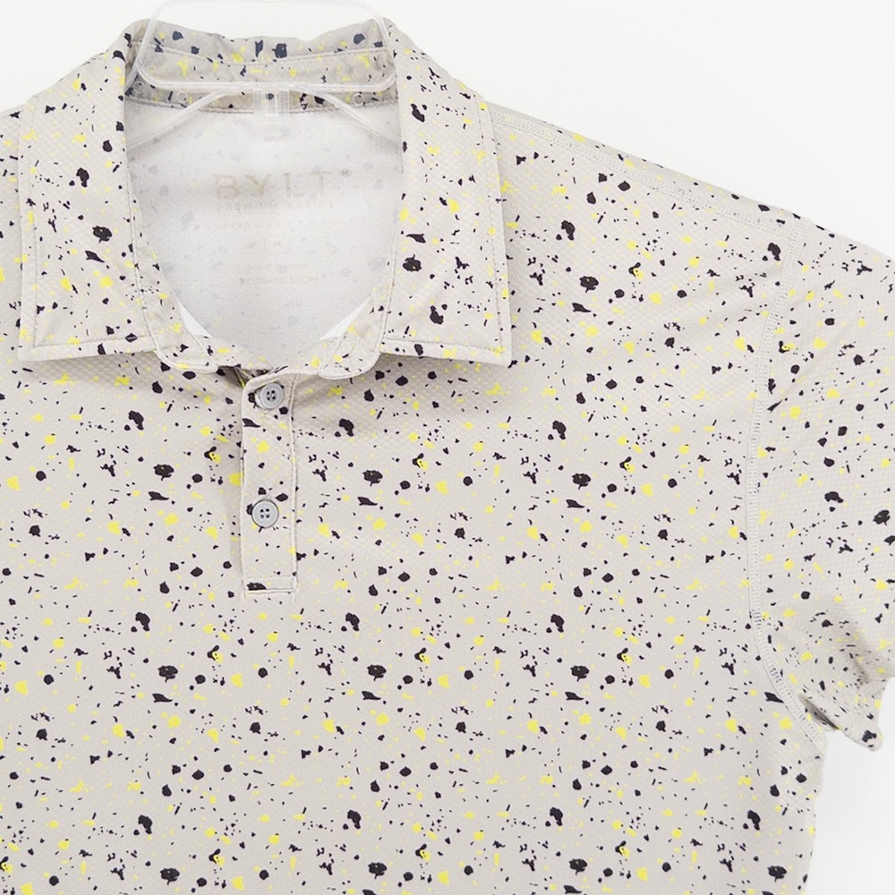 BYLT‎ Mens Medium Drop-Cut Polo Shirt Gray Paint Splatter Performance Golf Print